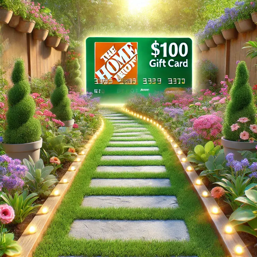 Here is the image of a beautifully designed garden pathway leading up to the $100 Home Depot gift card, symbolizing the journey to winning the prize. Let me know if you'd like any changes!