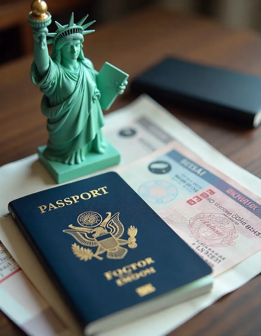 “Statue of Liberty and U.S. passport representing the U.S. immigration system.”