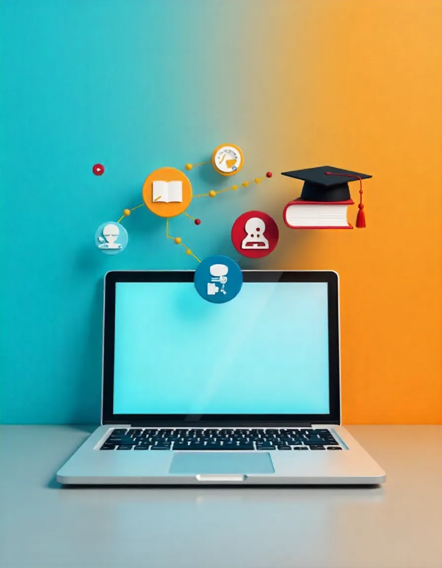 “Laptop and education icons representing free online learning courses.”