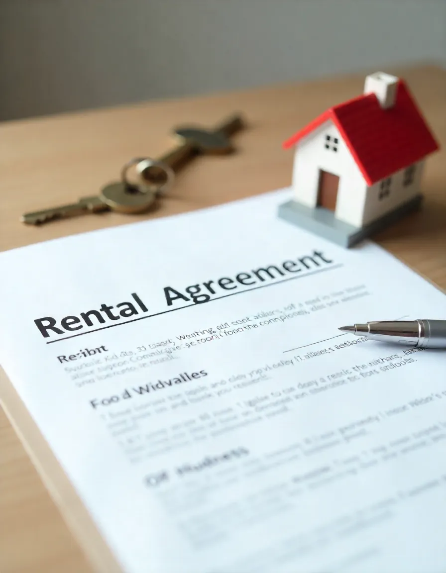 “Rental agreement document with a key and house model symbolizing student housing in the U.S.”