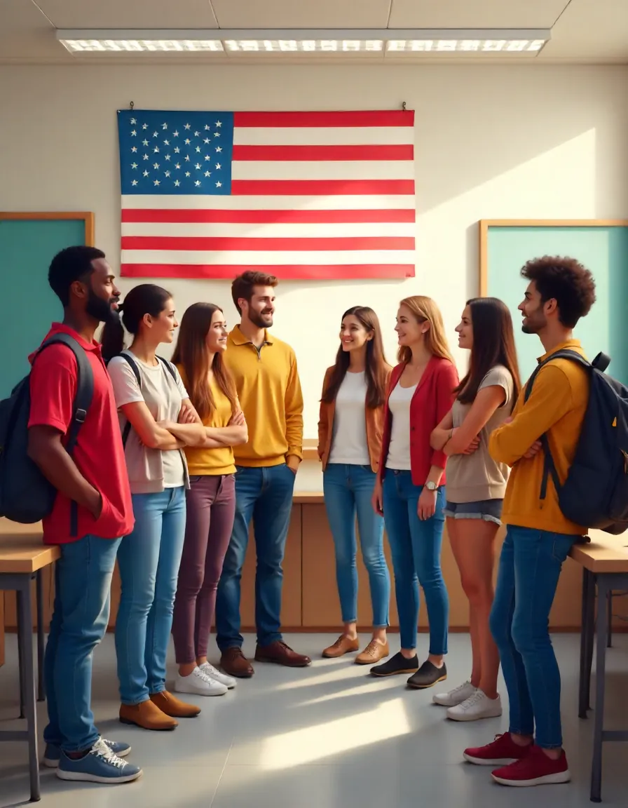 “Group of international students standing in a U.S. classroom with an American flag in the background.”