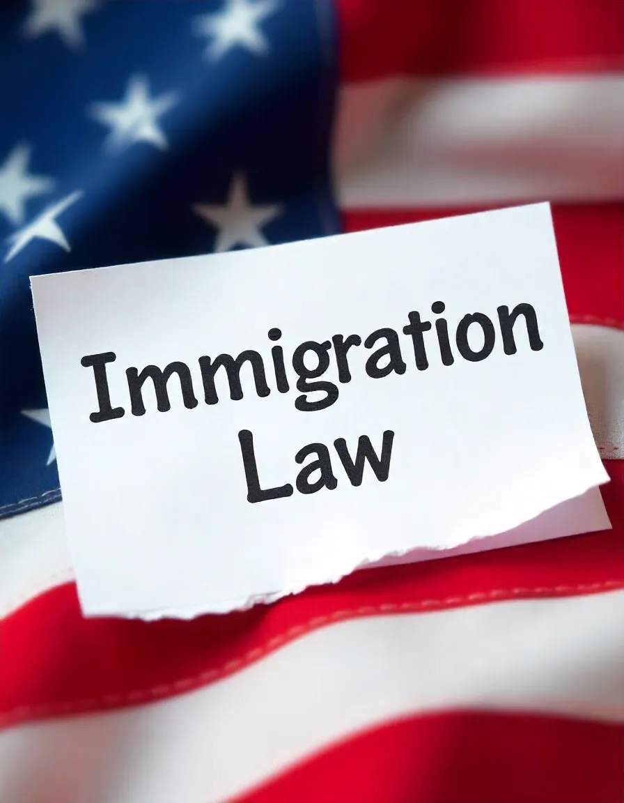 “Paper with the words ‘Immigration Law’ placed on the U.S. flag, symbolizing American immigration policies.”