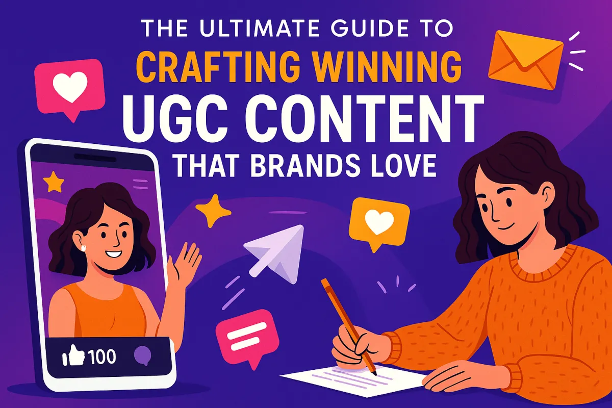 Digital illustration showcasing elements of content creation, social media strategy, and brand engagement, representing the ultimate guide to crafting winning UGC content for brands.