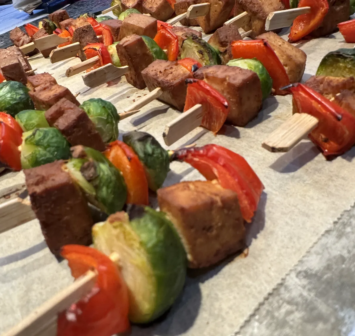 Smoky Maple Brussels and Tofu Skewers