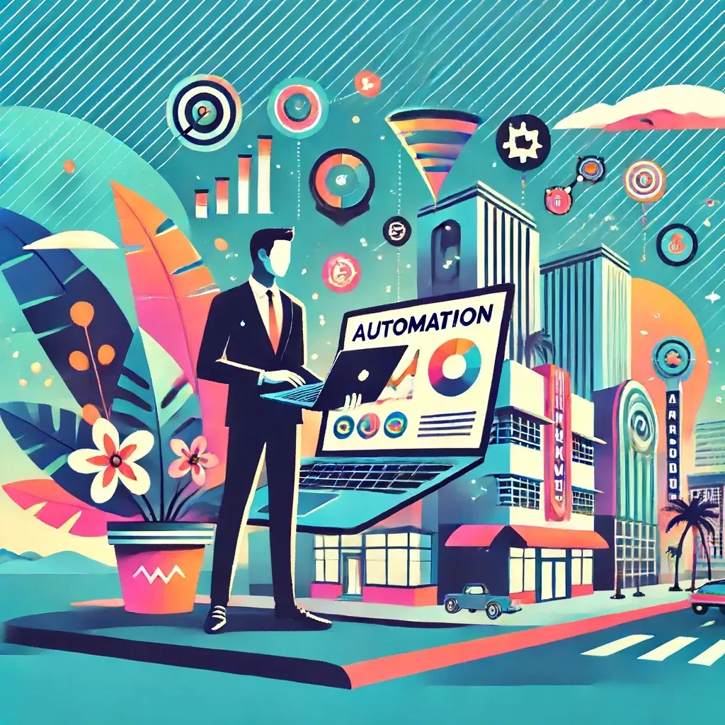 Illustration of a small business owner in Miami using automated marketing and sales tools, with iconic Miami elements in the background, highlighting automation, lead nurturing, and business growth.