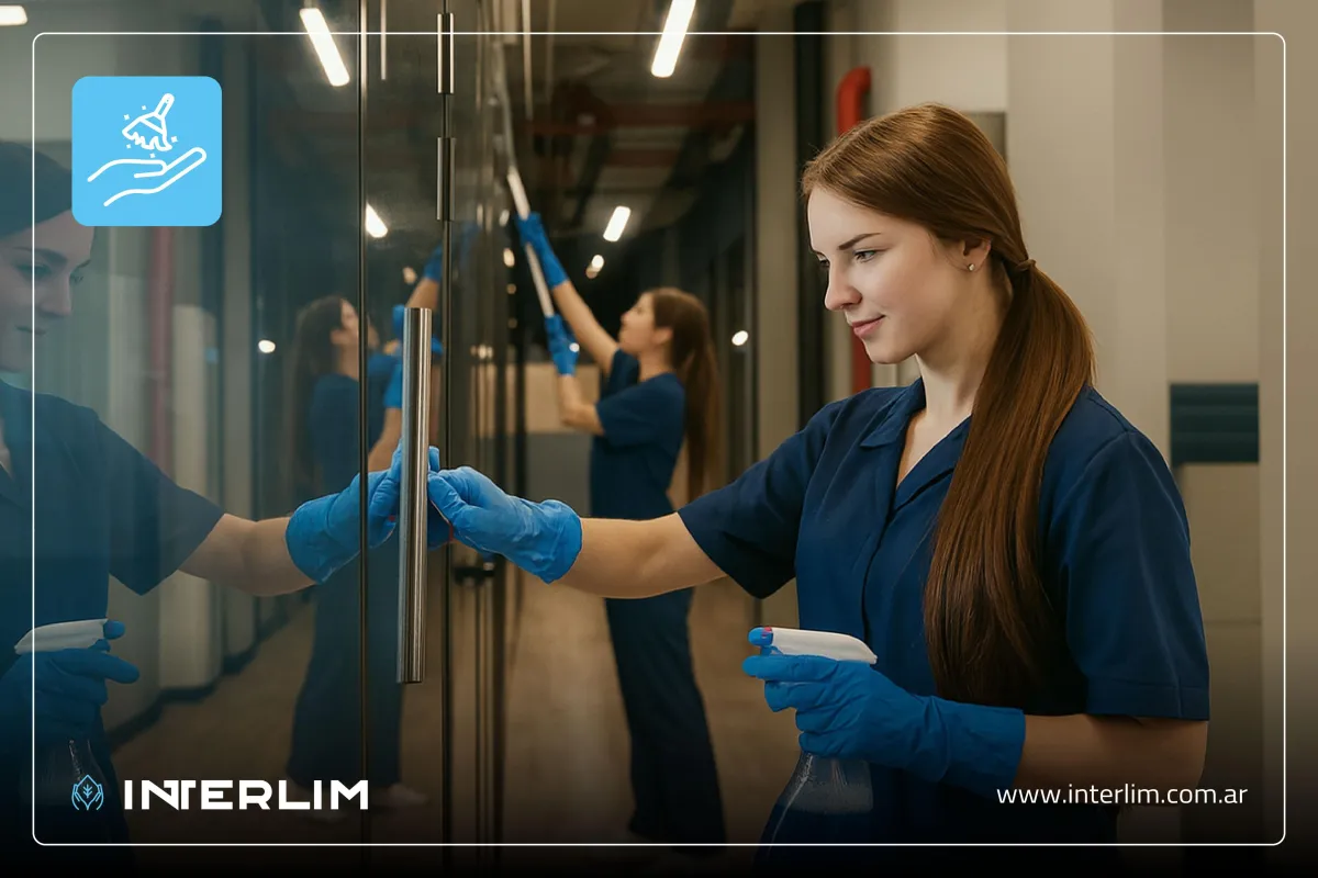 Mujer profesional de limpieza limpiando una mampara de cristal en una oficina.