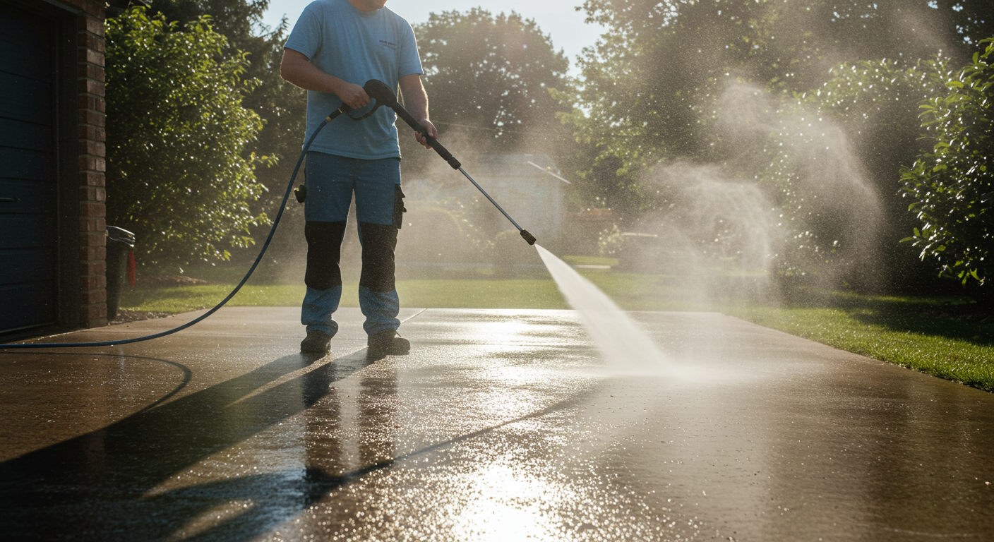 Man pressure washing a driveway in North Gerogia