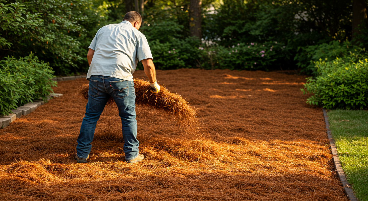 Man laying pine straw in North Gerogia