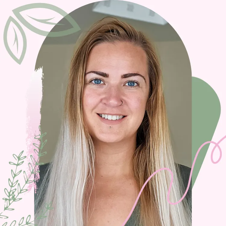 Woman with blonde hair smiling with green and pink colours in the shape of leaves