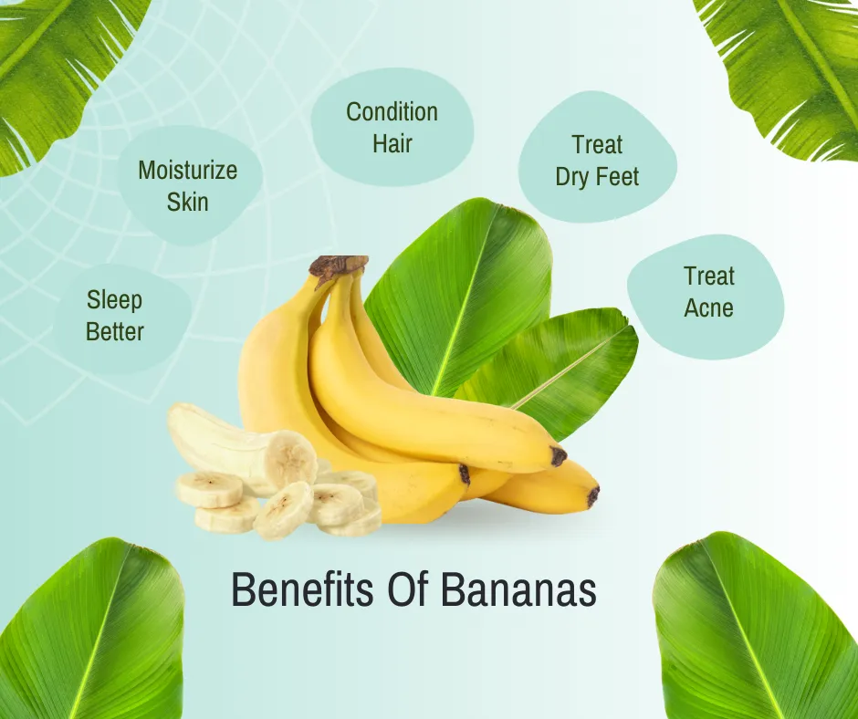 Image showing multiple benefits of bananas for health and beauty.