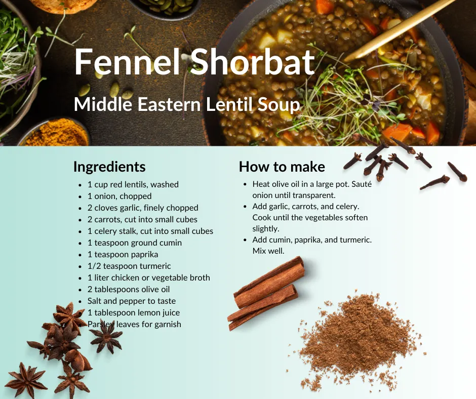 Fennel Shorbat Middle Eastern Lentil Soup ingredients and recipe.