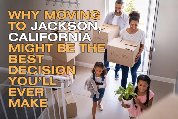 Family carrying boxes into a beautiful house in Jackson CA neighborhood