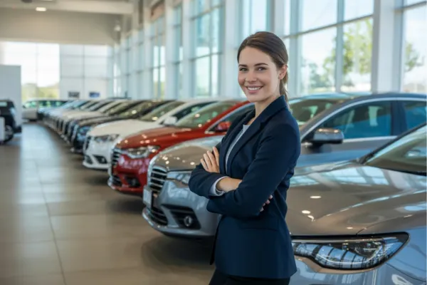 Young woman in an automotive dealership representing leadership and career growth in automotive operations