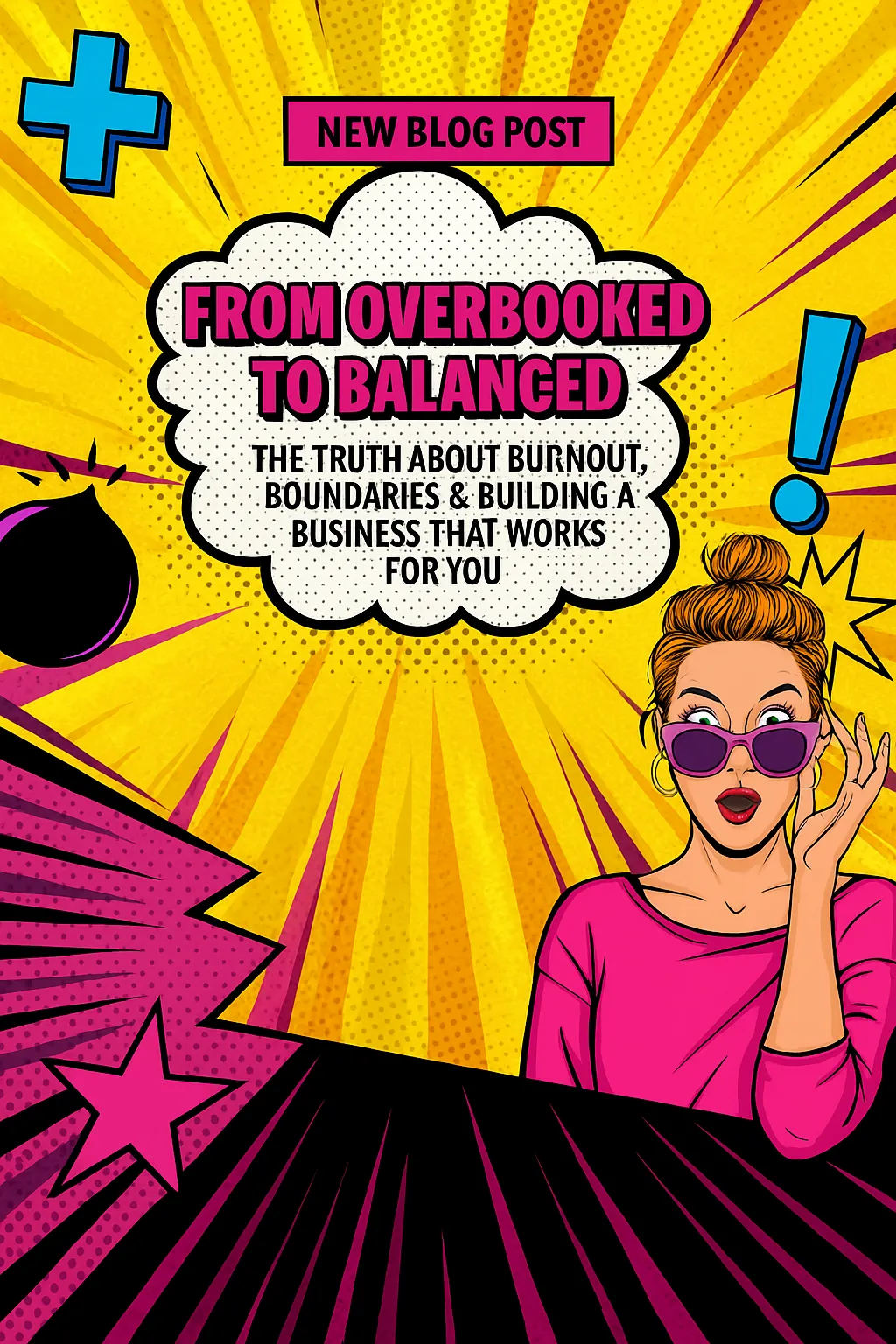 Pop art style digital banner promoting a new Nail Tech blog post titled 'From Overbooked to Balanced' by Sami Pelling, featuring bright comic book graphics and business growth messaging for nail professionals.
