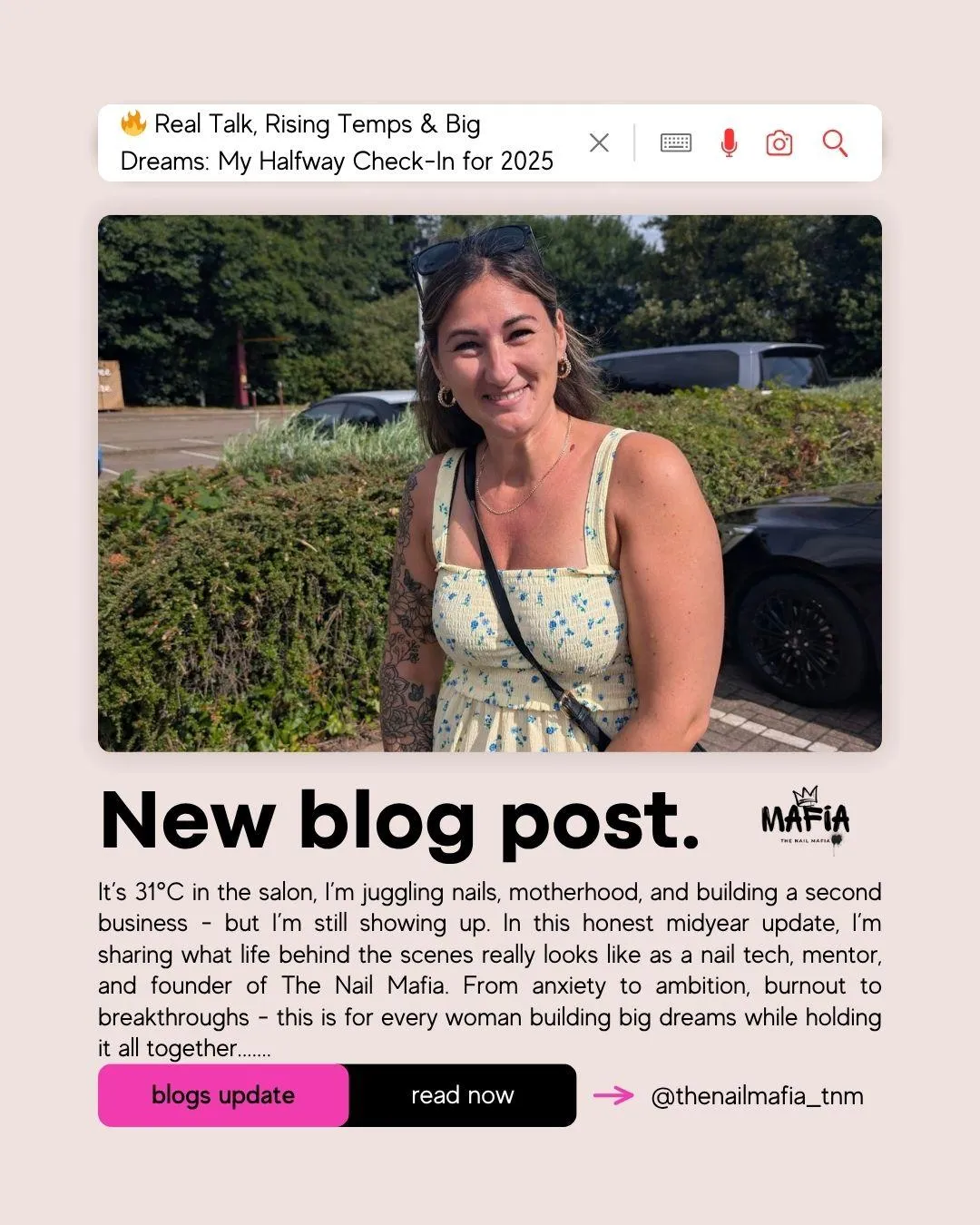 "New blog post promo for 'Real Talk, Rising Temps & Big Dreams' featuring a smiling woman in a yellow dress, sharing a midyear update on business, life, and growth."