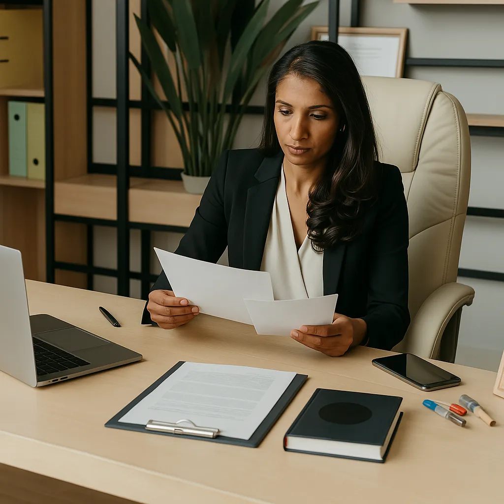A professional South Asian woman sits at a modern office desk, reading documents with a focused expression. She wears a black blazer over a cream blouse. The desk features a laptop, clipboard, pens, a smartphone, and a closed book, with a plant and shelves in the background, creating a clean, organized workspace.
