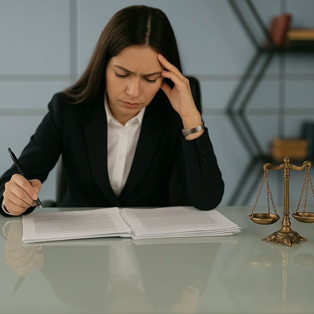 A young professional woman with long dark hair sits at a glass desk, deeply focused on reading and writing documents. She wears a black blazer over a white shirt, holding a pen in one hand while resting her other hand on her forehead. A brass scale of justice is placed on the desk beside her, symbolizing the legal profession.