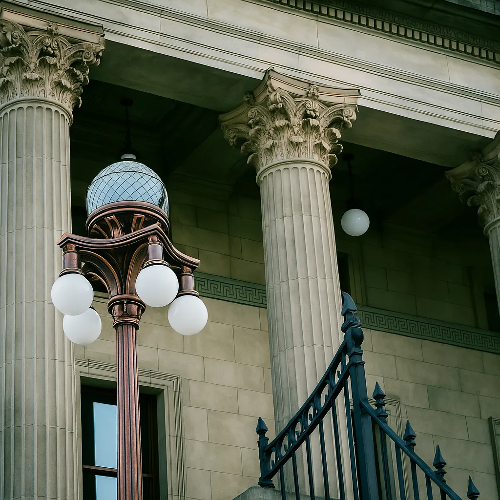 Historic courthouse with tall Corinthian columns and ornate streetlamp.