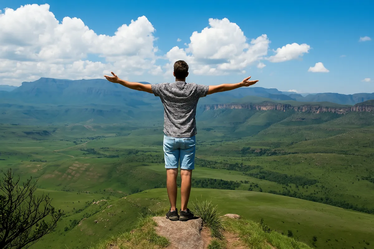Man standing on a cliff with arms outstretched, overlooking a vast green valley and distant mountains under a blue sky with scattered clouds.