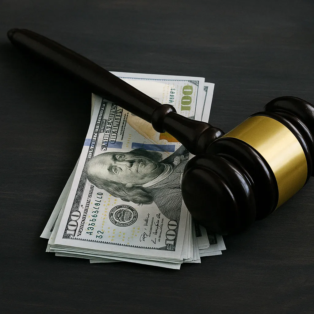 A judge’s gavel rests on a stack of one hundred-dollar bills atop a dark wooden surface, symbolizing financial implications in legal decisions or bail bonds.