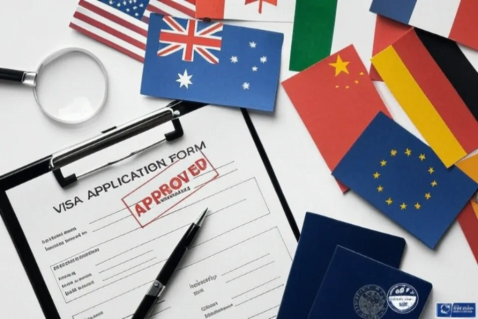 A visa application form with an 'APPROVED' stamp, placed on a clipboard with a pen, surrounded by small flags of various countries including the USA, UK, Australia, China, Germany, and the European Union, along with a magnifying glass and passports.