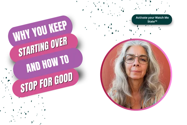 Blog graphic with text Why You Keep Starting Over and How to Stop the Cycle for Good, featuring midlife woman. Article on clarity, burnout, and midlife reset for women over 45.