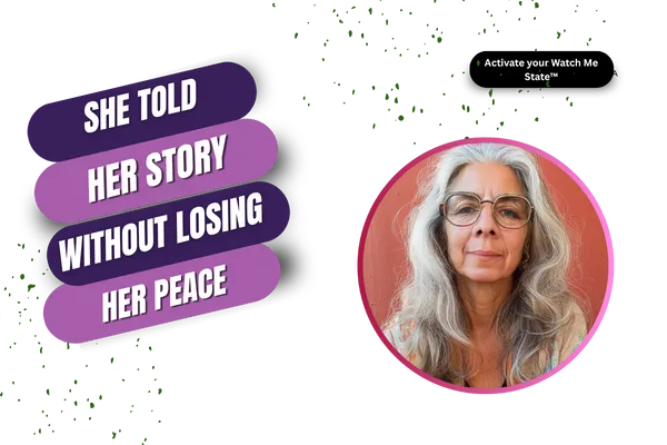 Blog graphic with text ‘She told her story without losing her peace.’ Women’s empowerment and healing blog by Becky Randolph.”)