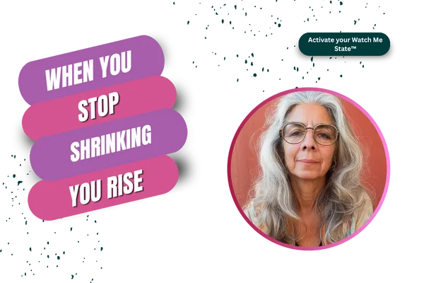 Motivational graphic with the words “When You Stop Shrinking, You Rise,” next to Becky Randolph’s headshot.