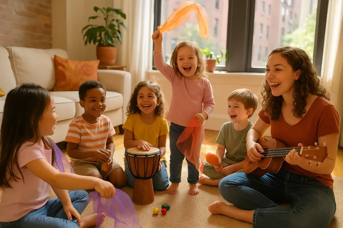 Smiling children of diverse ages playing different musical instruments together in a bright, inviting home setting