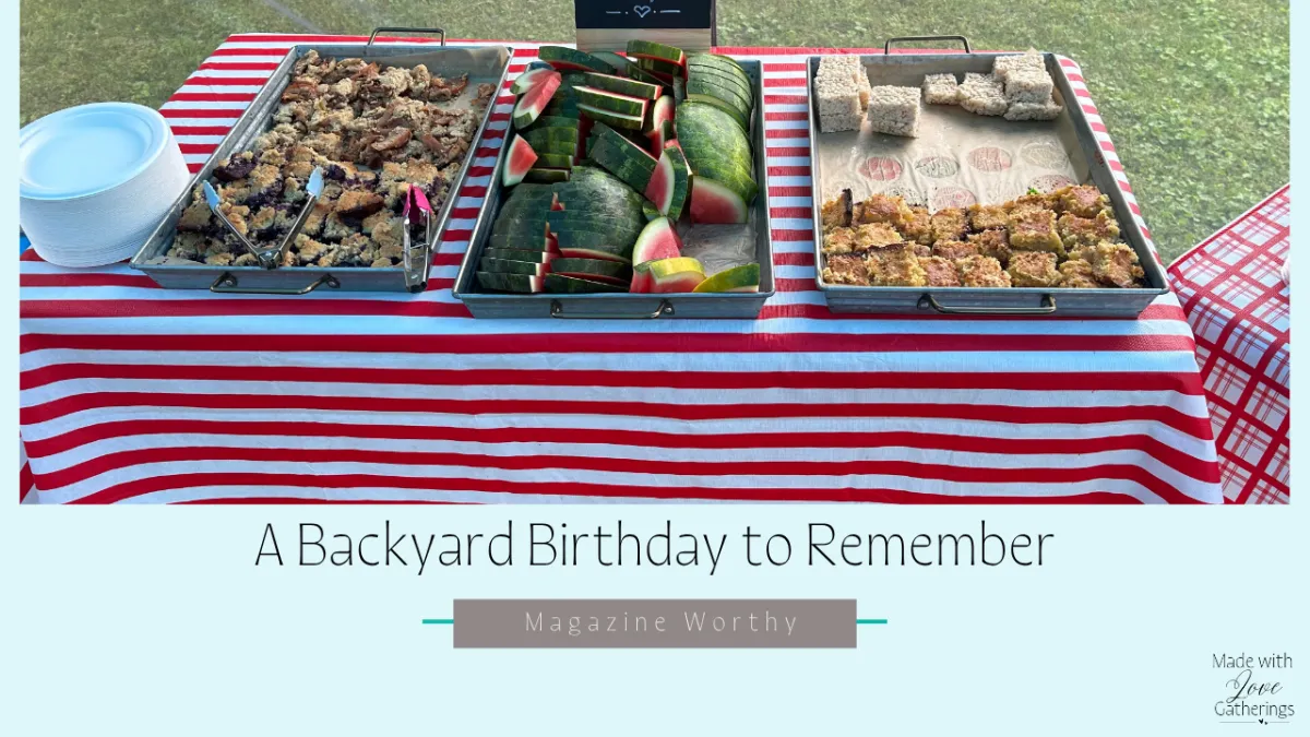 red & white striped tablecloth with trays of watermelon and desserts