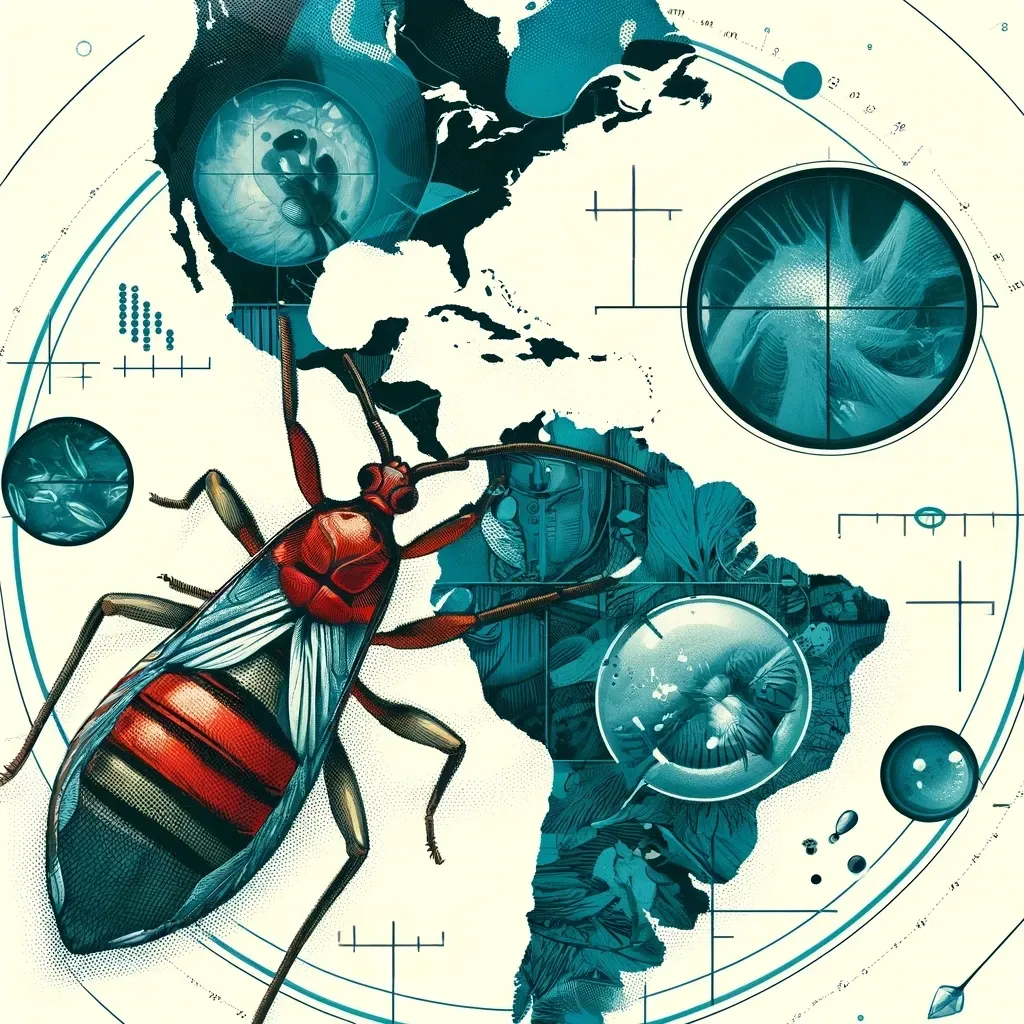 Cover image for a Chagas Disease report, featuring a stylized map of Latin America with highlighted regions most affected by the disease. The map is overlaid with images of the triatomine bug and microscopic views of the Trypanosoma cruzi parasite, illustrating the vectors and pathogens involved in the disease transmission. The design focuses on scientific detail and geographic specificity, without any textual elements.