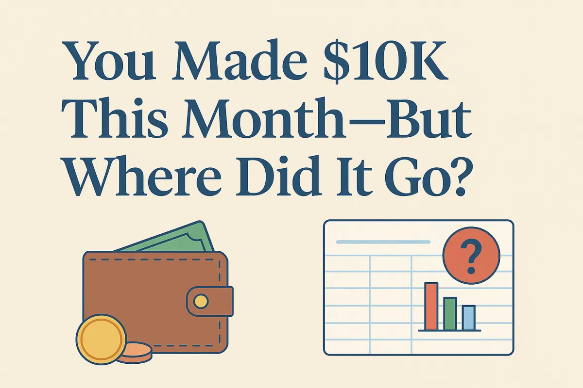$10K revenue month visualized with wallet, coins, and a chart showing confusion—highlighting the gap between income and clarity