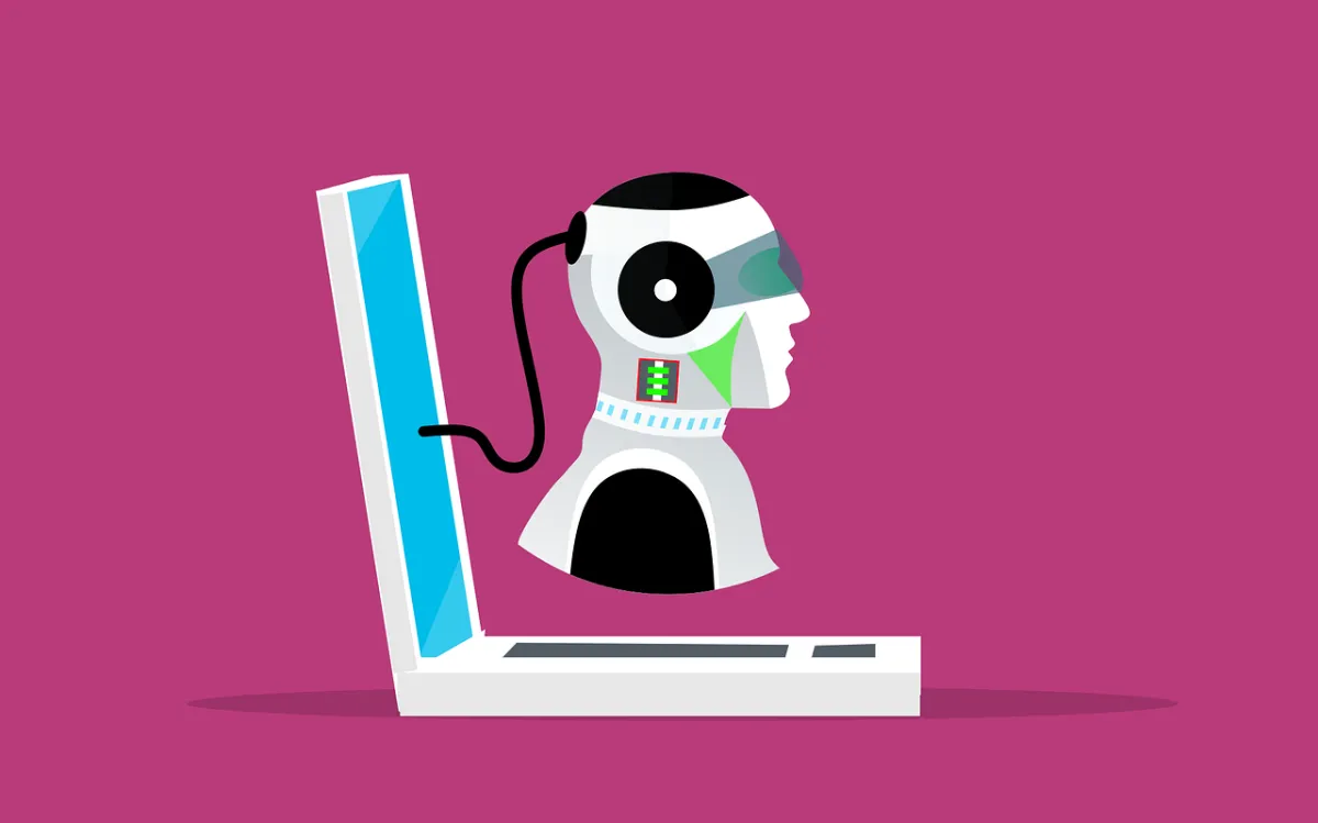 Illustration of AI emerging from a laptop, symbolizing the integration of artificial intelligence in business operations for setting up AI rules.