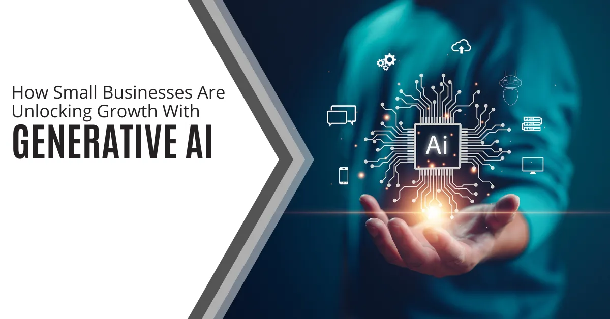A visually striking image depicting the integration of generative AI in small business growth. On the left, the text reads, "How Small Businesses Are Unlocking Growth With Generative AI." On the right, a person holds a glowing symbol of a microchip labeled "AI," surrounded by icons representing various technologies such as cloud computing, chatbots, and data storage. The background has a futuristic feel, emphasizing innovation and technological advancement.
