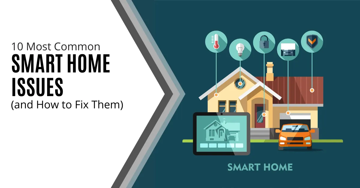 An illustration of a modern smart home with various connected devices like thermostats, security cameras, smart lights, and smart locks. Each device is represented by icons, and there are lines connecting them to the house, indicating integration. A tablet is shown in the foreground displaying the smart home interface. The title reads, "10 Most Common Smart Home Issues (and How to Fix Them)."