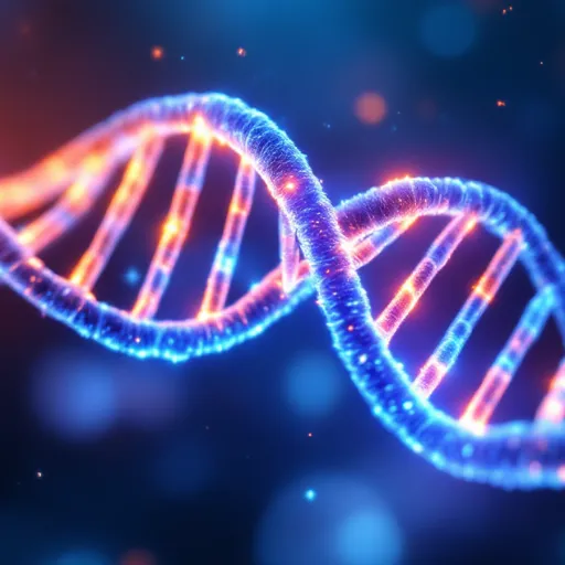 3D visualization of a glowing DNA double helix symbolizing cellular regeneration and healing, representing the science behind peptide therapy at Prime Body Solutions.