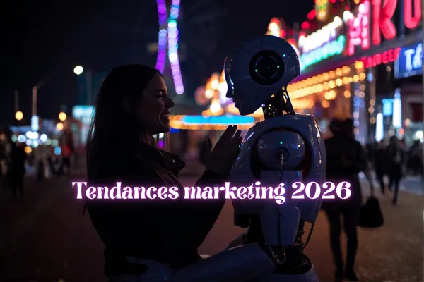 "Une femme échange un regard complice avec un robot dans un décor lumineux, illustrant les tendances marketing 2026 axées sur la connexion entre humain et intelligence artificielle."