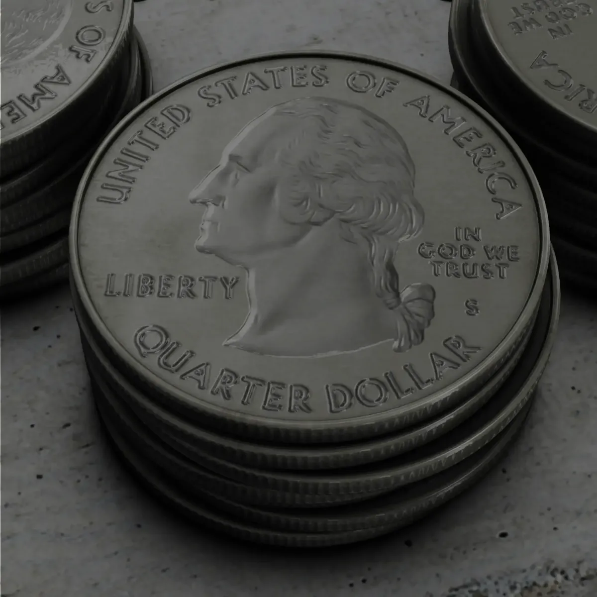 Close-up of stacked United States silver quarters showing the George Washington profile.