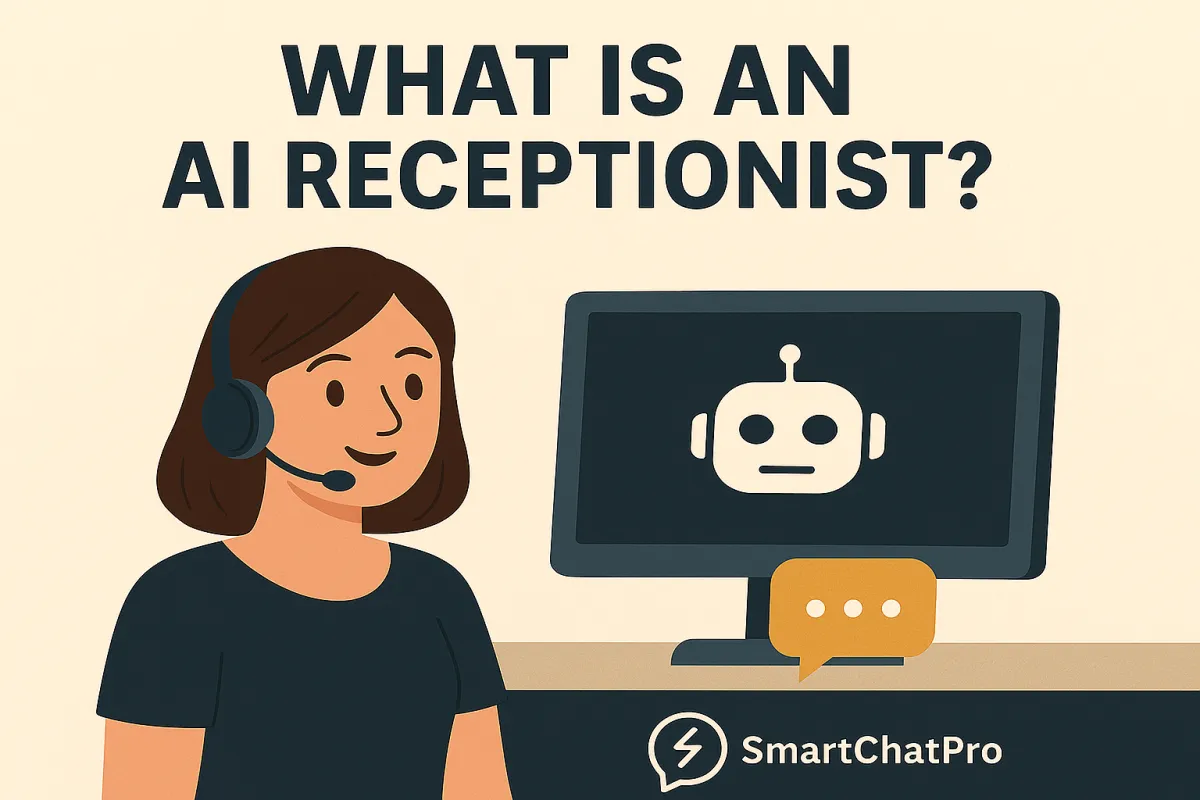 A friendly AI receptionist wearing a headset greets a caller on a computer screen, symbolizing how SmartChatPro’s AI receptionist helps businesses answer calls and assist customers automatically.