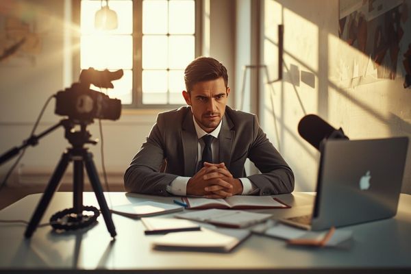 A focused real estate agent working at a bright early morning desk with sunlight streaming in, preparing content beside a camera, microphone, and open laptop, capturing discipline and the commitment behind building a content machine.