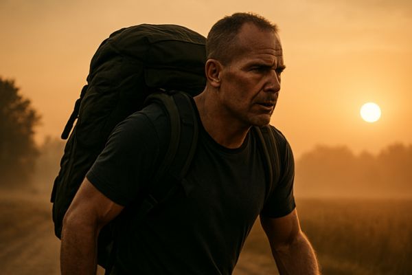 A man in his mid 40s steps off at dawn with a weighted ruck on his back, walking with purpose toward the rising sun. The scene captures grit, discipline, and the beginning of a personal comeback.
