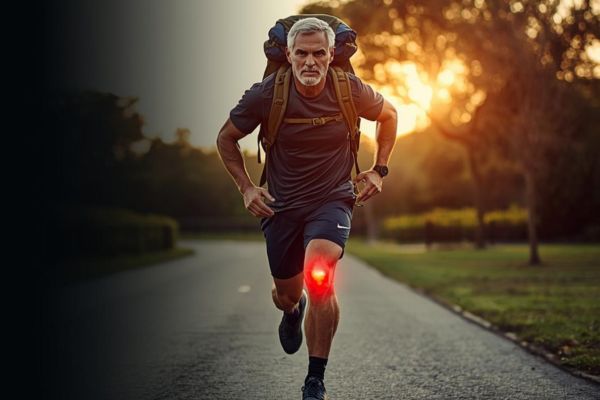 Man in his forties rucking with a weighted backpack on a sunrise trail, symbolizing rebuilding knee strength and overcoming physical decline.