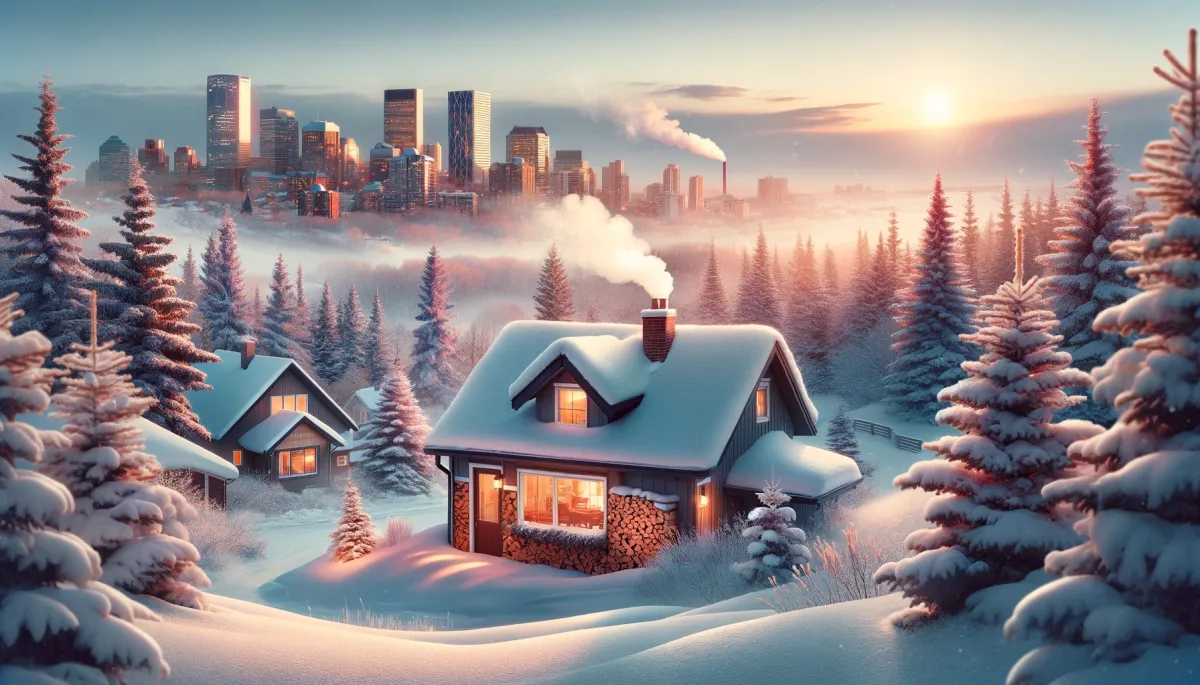 A serene winter landscape in Edmonton with a cozy house and a stack of firewood, symbolizing home warmth and comfort during winter.