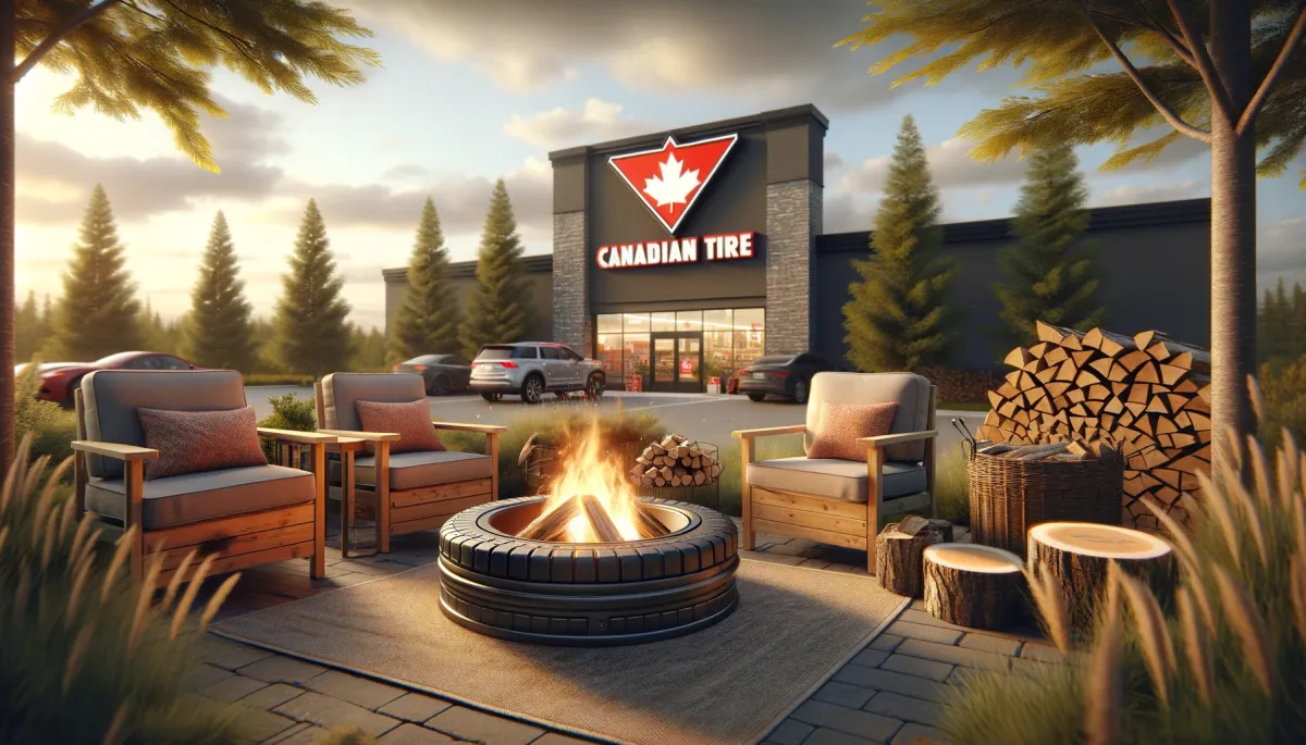 A cozy outdoor fire pit scene with a stack of firewood, representing the themes of firewood purchase, value, and convenience at Canadian Tire.