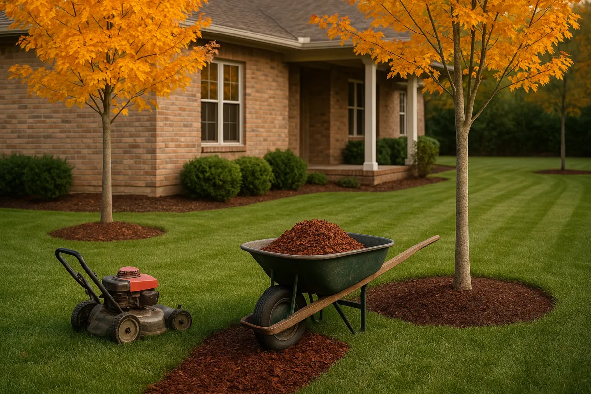 A lawn mower and wheel barrow beside a tree that is getting fresh mulch for the fall. The trees leaves are turning yellow.