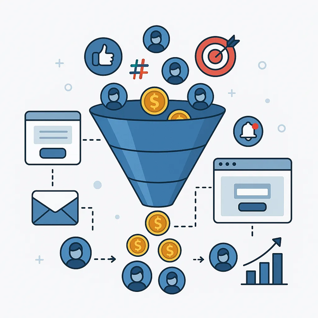 Representación visual de un sistema de marketing automatizado captando leads online y aumentando ventas