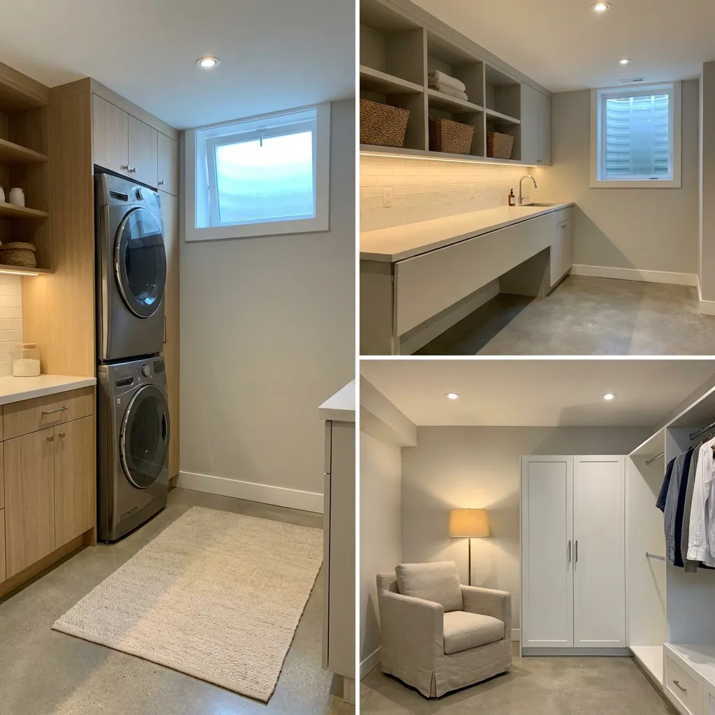 A photo montage of a basement in Philadelphia remodeled by NK Construction and Design