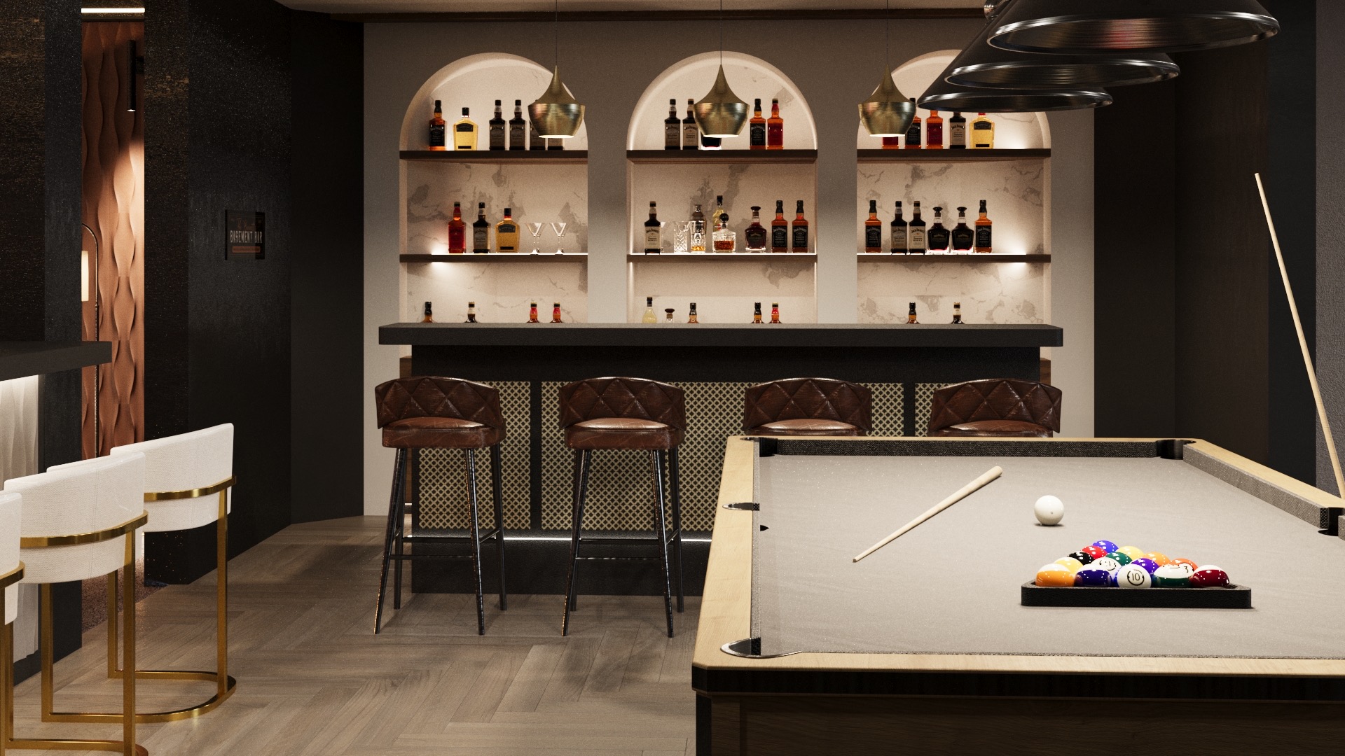 A walk-out basement turned into a high-end bar in the center of Philadelphia, a project by NK Construction and Design.