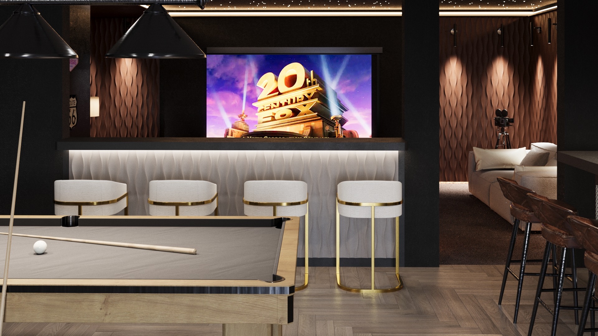 A bar and cinema area added to a Basement in Philadelphia remodeled by NK Construction and Design 