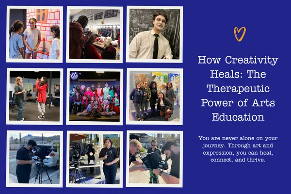 Diverse students engaging in visual arts, performing arts, and digital media projects, expressing creativity, confidence, and collaboration in an inclusive classroom environment.
